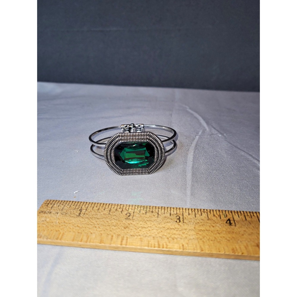 Silver Tone Hinged Bangle Bracelet, Bezel Set Green Emerald Cut Stone